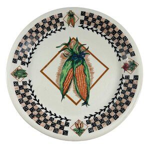 Fresh Garden 10.5" Dinner Plate Corn Blue Check Vegetables Stoneware